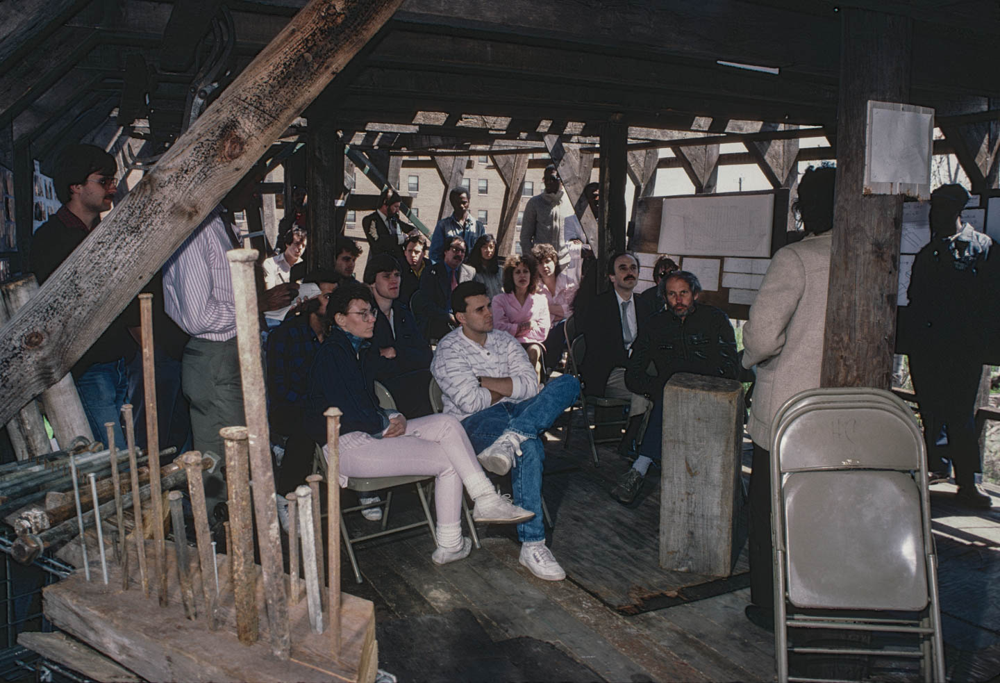 4-Kea gives a class on ark building to NJIT architecture students.  Professor Troy West is at the center, Bergen Street by 14th Ave., Newark, 1987_
